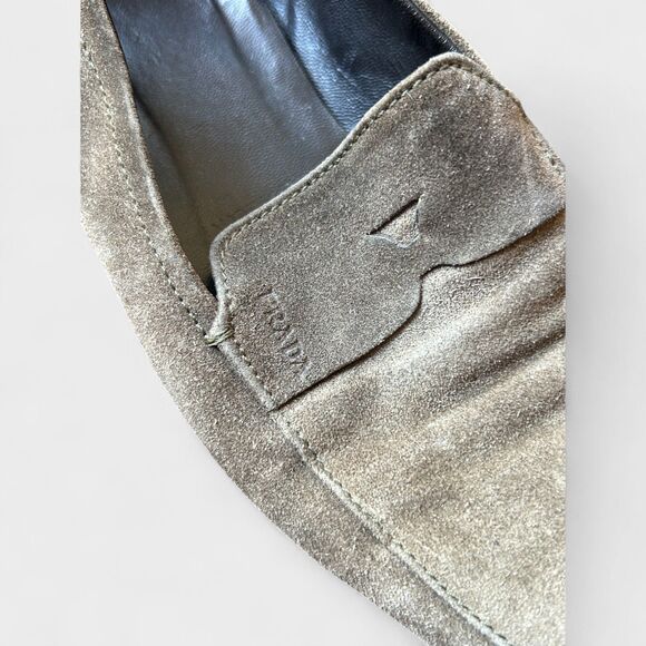 PRADA Women’s Suede Loafers Green Gray Square Toe Slip On Italy Designer 38 7.5 - Picture 7 of 8